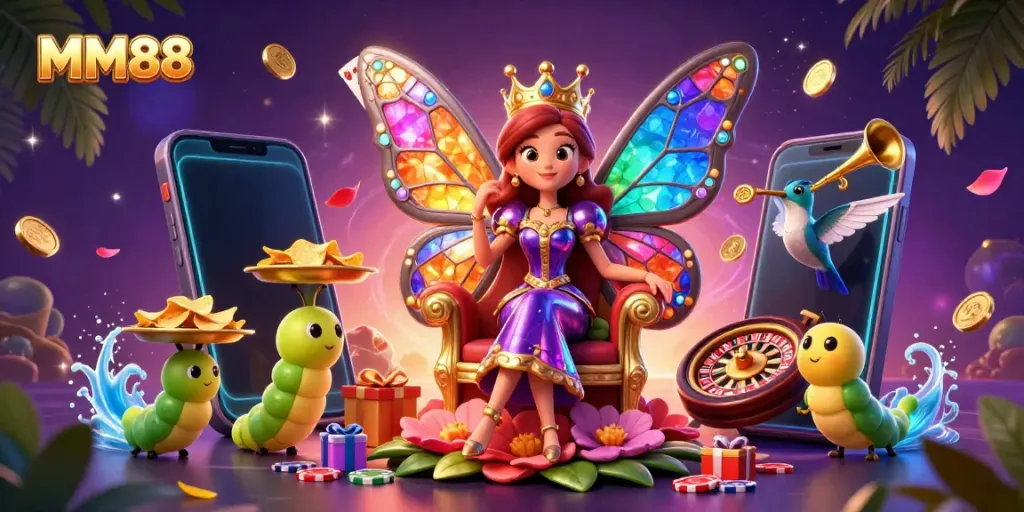 Win big at MM88 with a vibrant scene of a butterfly queen, casino games, and golden treasures.