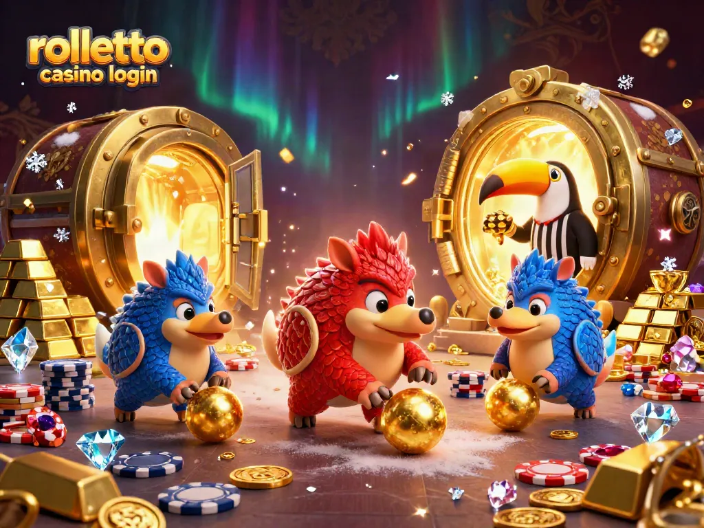 Experience the excitement of rolletto casino login with vibrant pangolin characters rolling into golden balls among poker chips.