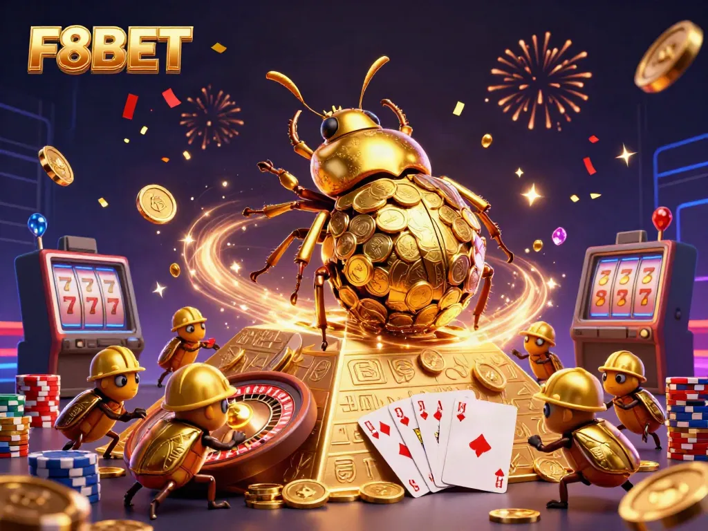 Experience the excitement of F8BET with a golden dung beetle rolling coins amidst vibrant casino elements.