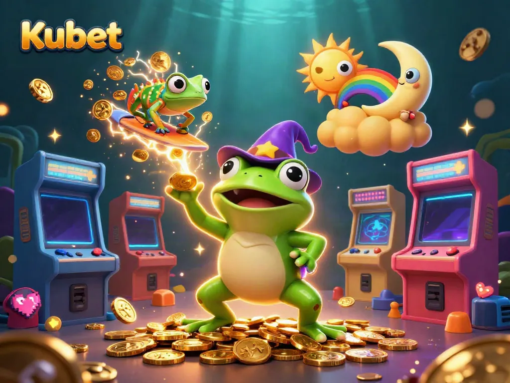 Experience the thrilling world of Kubet as a weather wizard frog conjures golden coins amidst a vibrant 3D casino scene.