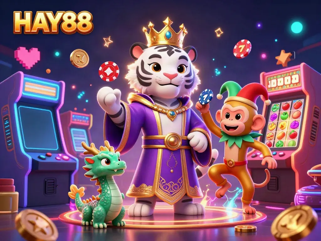 Experience the vibrant energy of HAY88 with a lively scene featuring a regal tiger, a juggling monkey, and a jade dragon in casino action.