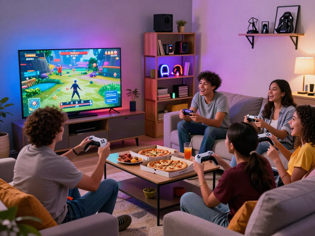 Engaged group playing adult game in vibrant living room during game night.
