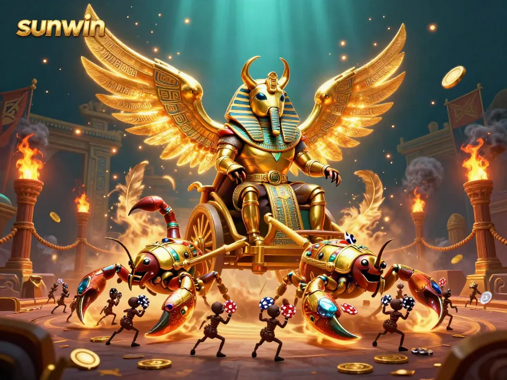 Engage in thrilling gameplay at Sunwin with a vibrant scene featuring a glowing scarab beetle and a chariot of fortune.