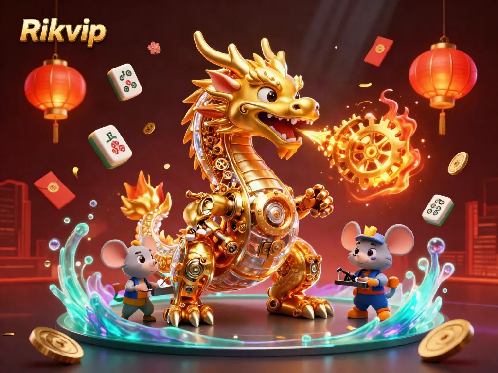 Engage with the thrilling world of Rikvip, adorned with a golden dragon and festive symbols of luck and prosperity.