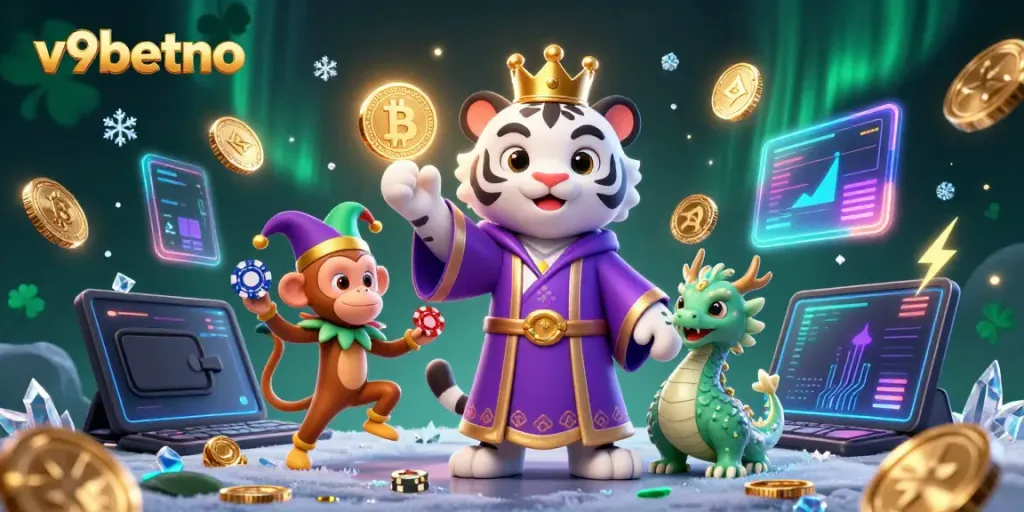 Experience the excitement of v9betno with an enchanting 3D casino scene featuring elegant characters and digital gaming elements.