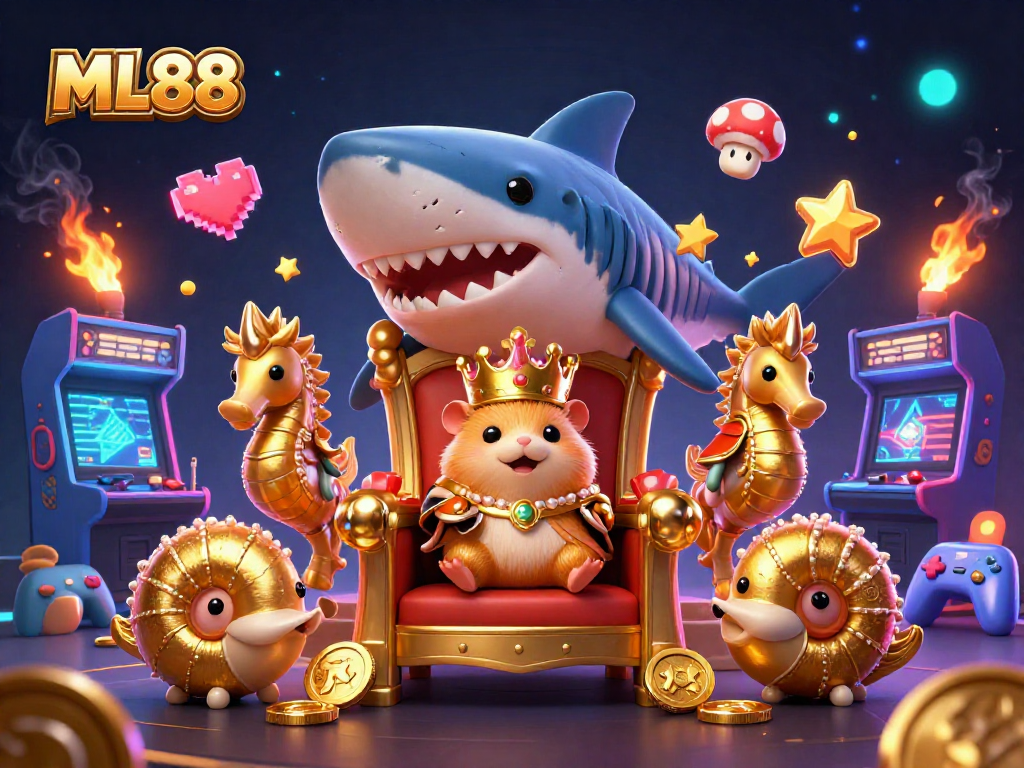 Experience the excitement of ML88 with a vibrant gaming scene featuring a fierce golden hamster king and colorful arcade machines