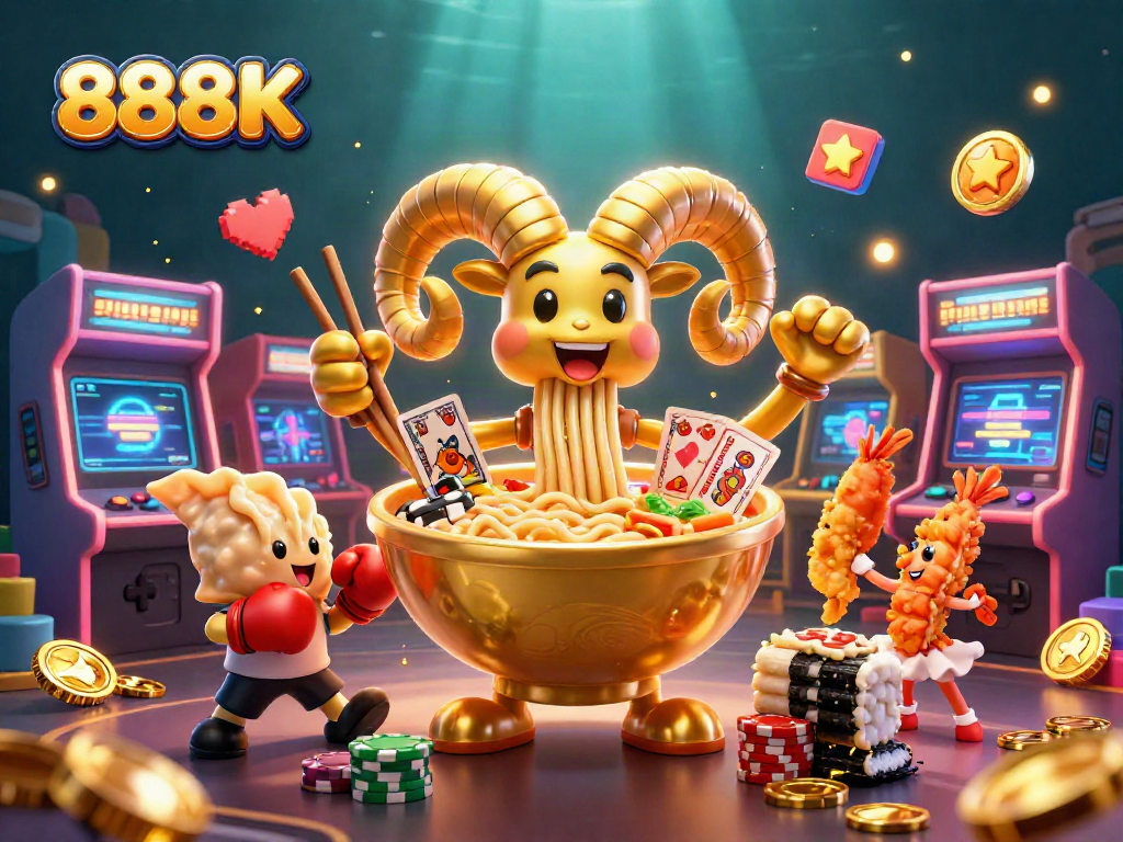 Engage in exciting games with 888K as the animated ramen bowl character deals cards in a vibrant casino scene.