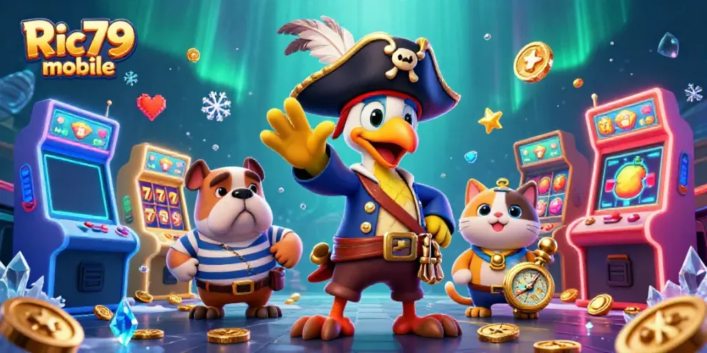 Engage with Ric79 mobile's vibrant gaming world featuring colorful slots and pirate characters.