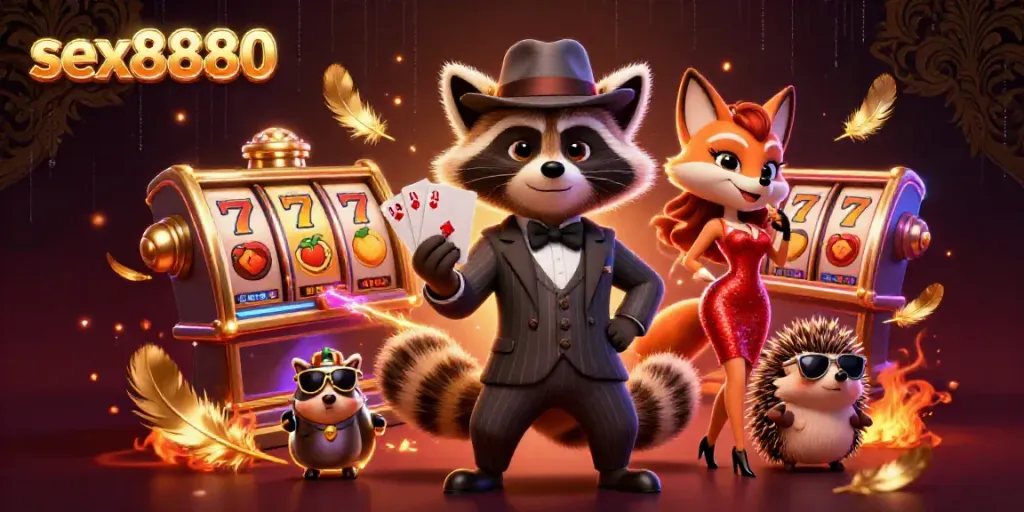 Experience thrilling slot action at sex8880 with 3D cartoon casino characters celebrating a royal flush.