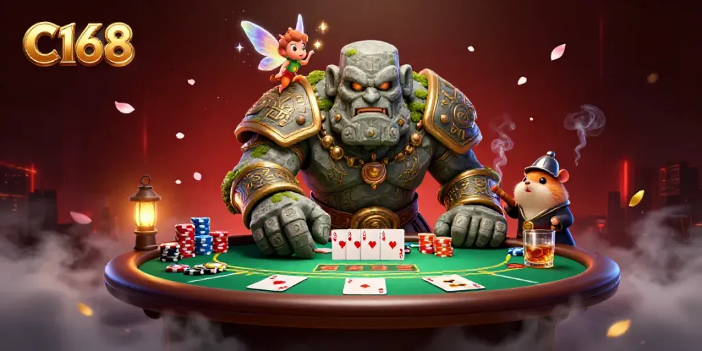 Experience the excitement of C168 with a dynamic poker scene featuring a magical golem and brave knight.
