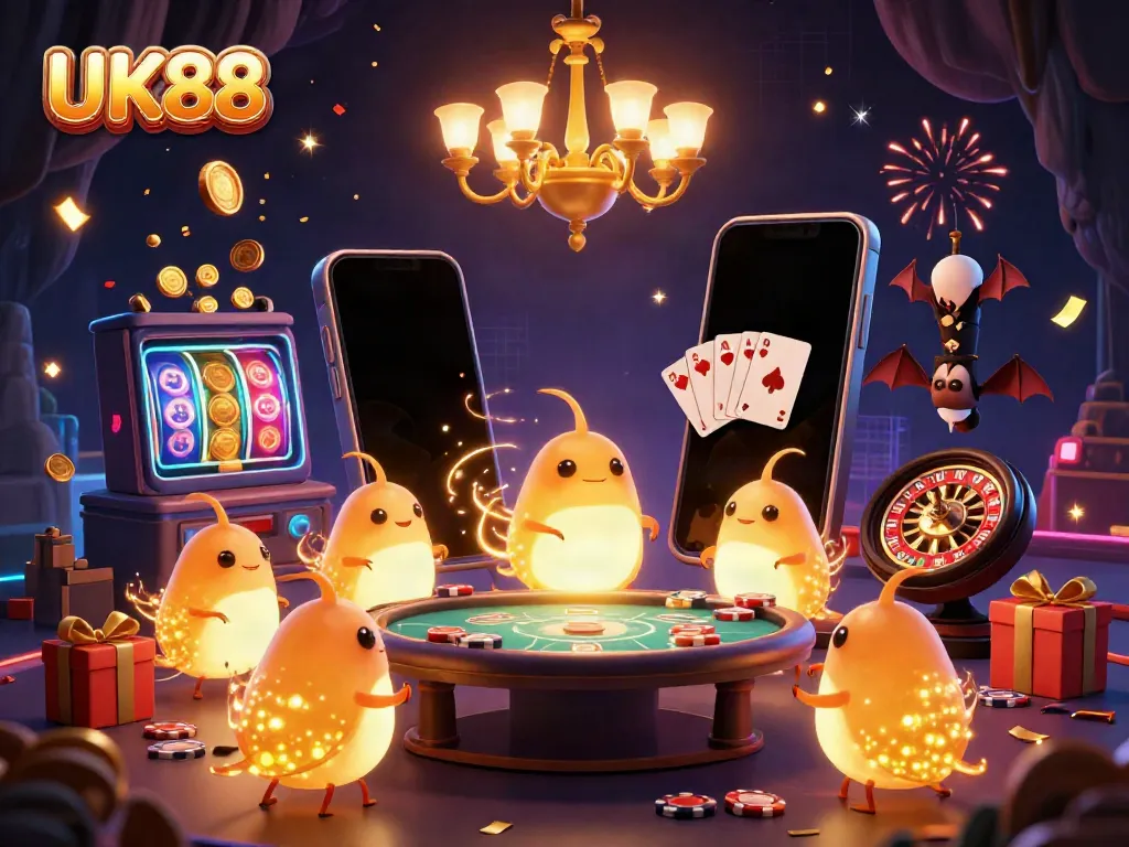 Experience UK88 with animated glowworms lighting up a vibrant casino scene filled with joyful gambling elements.