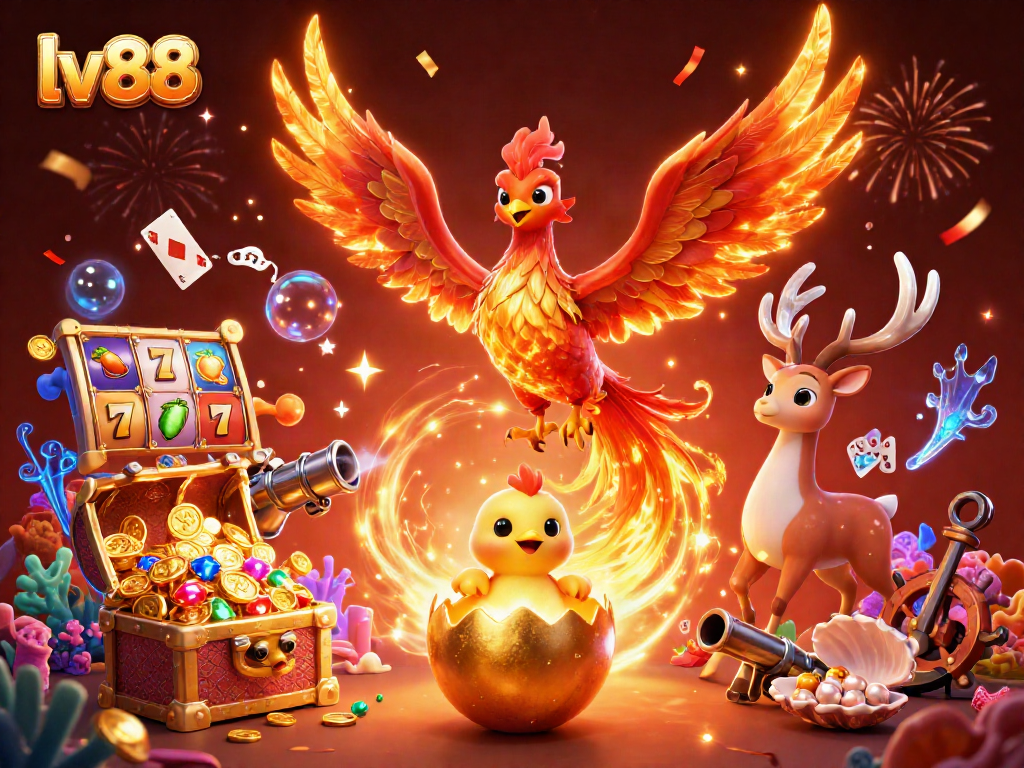 Spin thrilling slots with lv88's dynamic casino illustration featuring phoenixes and rich treasures.