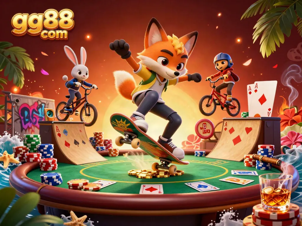 Experience exciting gameplay at gg88 com featuring colorful poker chips and energetic cartoon characters.