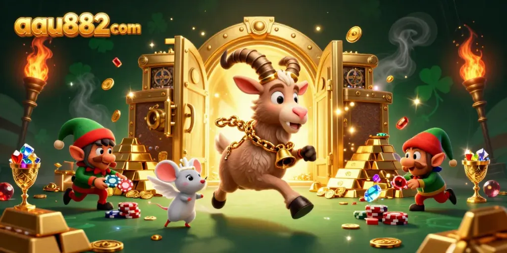 Experience the thrill of aau882 com's casino with festive Krampus, angel mouse, and elf gremlins in a detailed scene.