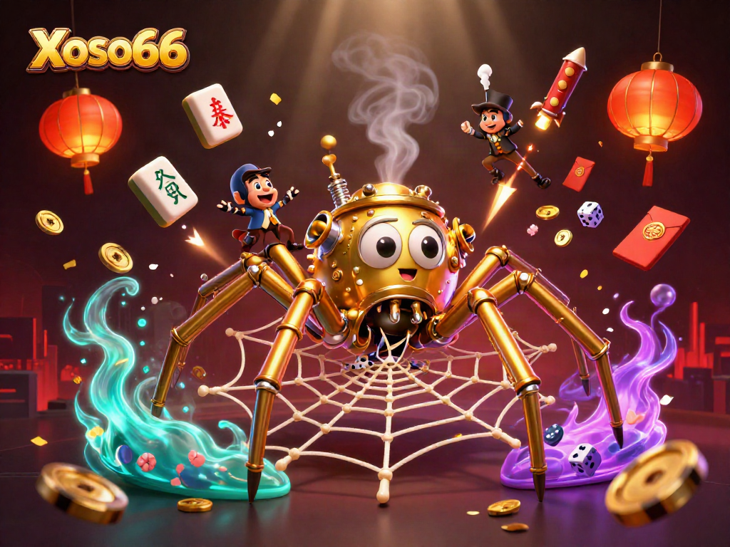 Xoso66 brings luck as a golden spider ensnares unlucky dice in a vibrant, energetic casino scene.