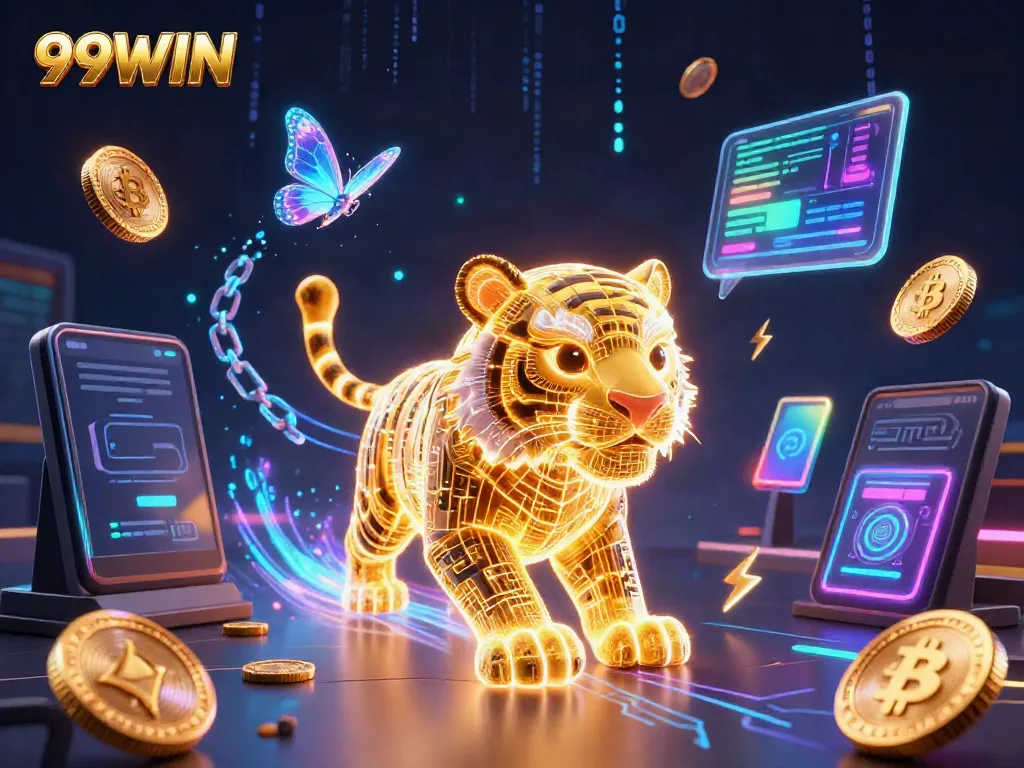 Witness a dynamic scene of a golden tiger illuminating the digital landscape of 99WIN casino filled with vibrant crypto elements.