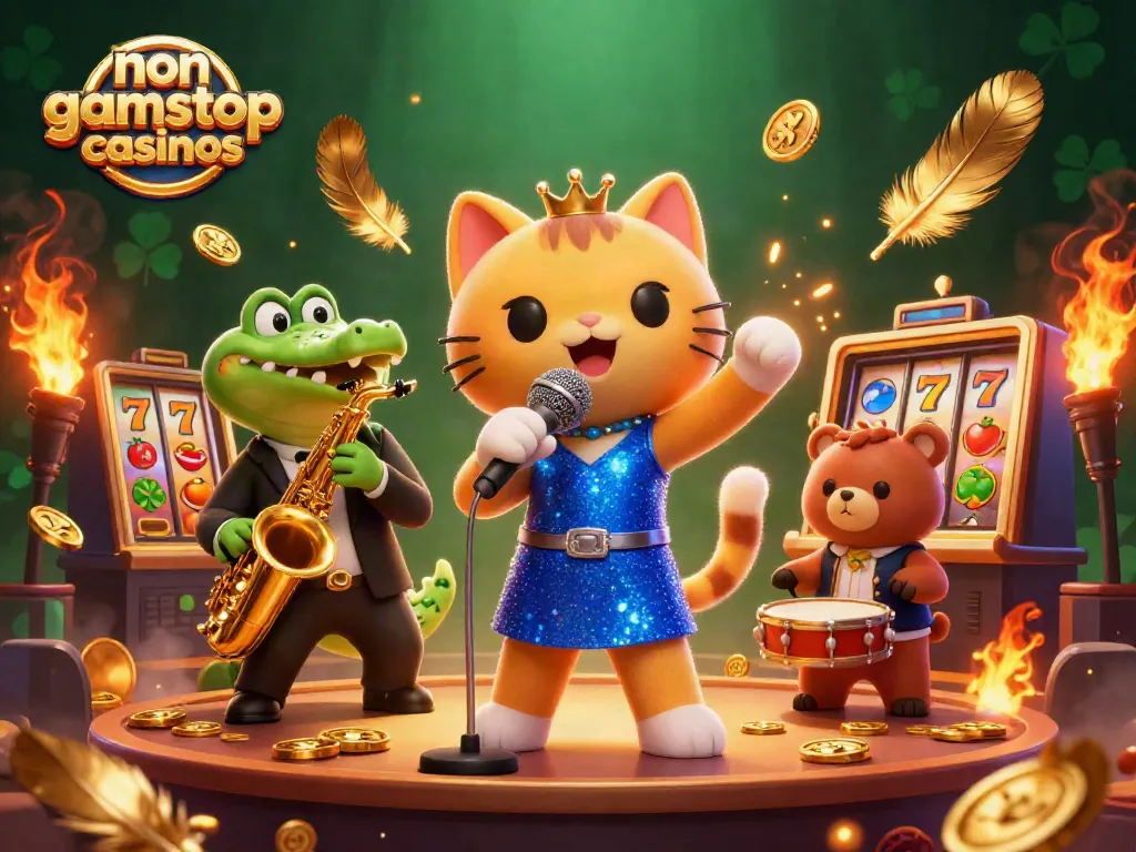 Experience the lively scene of non gamstop casinos with a jazz singer cat, saxophone crocodile, and a drum-playing bear.