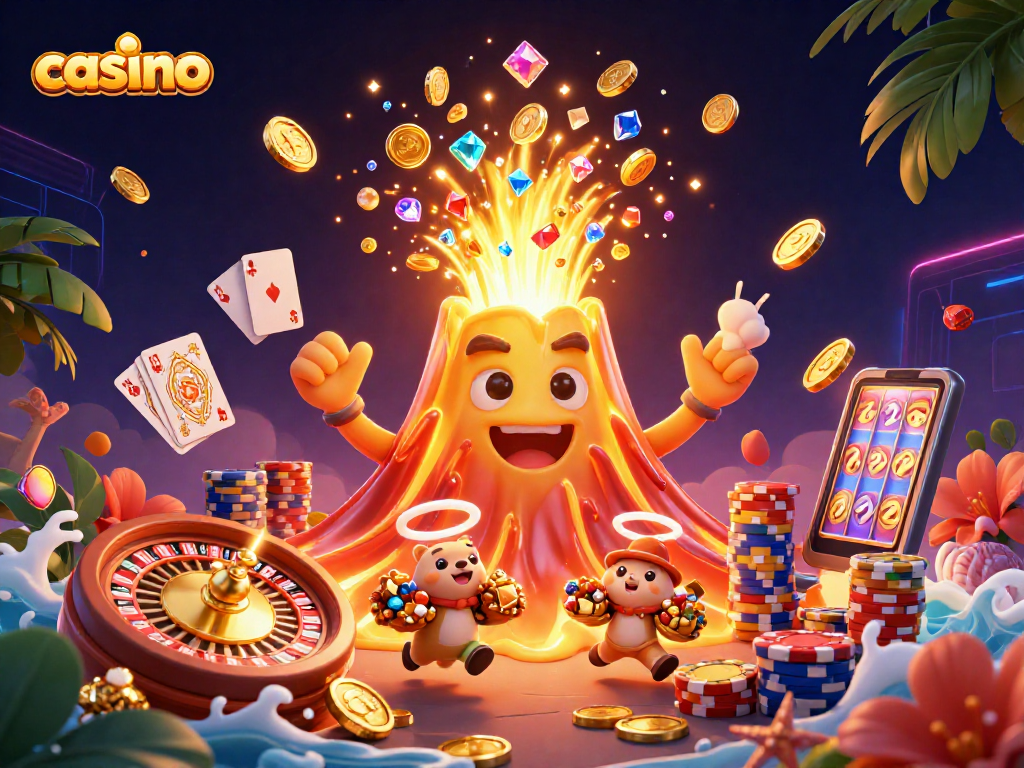 Experience thrilling gameplay at the casino with exciting erupting treasures and action-packed elements.