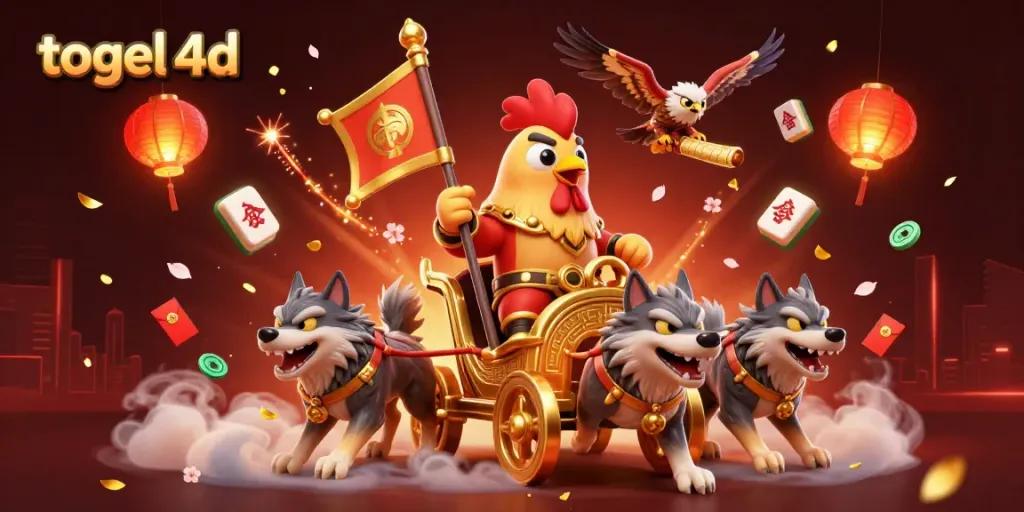 Experience thrilling togel 4d action with a chariot-riding rooster warlord and festive symbols.