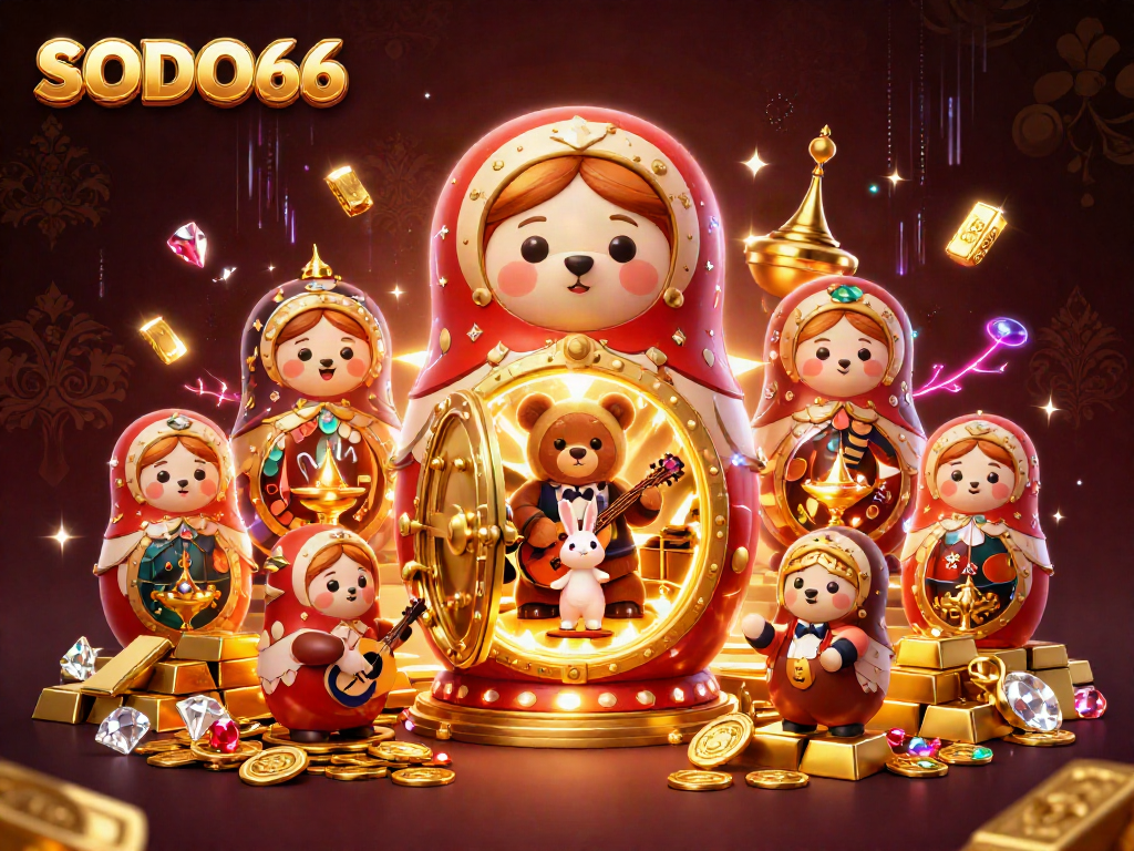 SODO66 showcases a vibrant 3D illustration featuring colorful casino elements and charming characters.