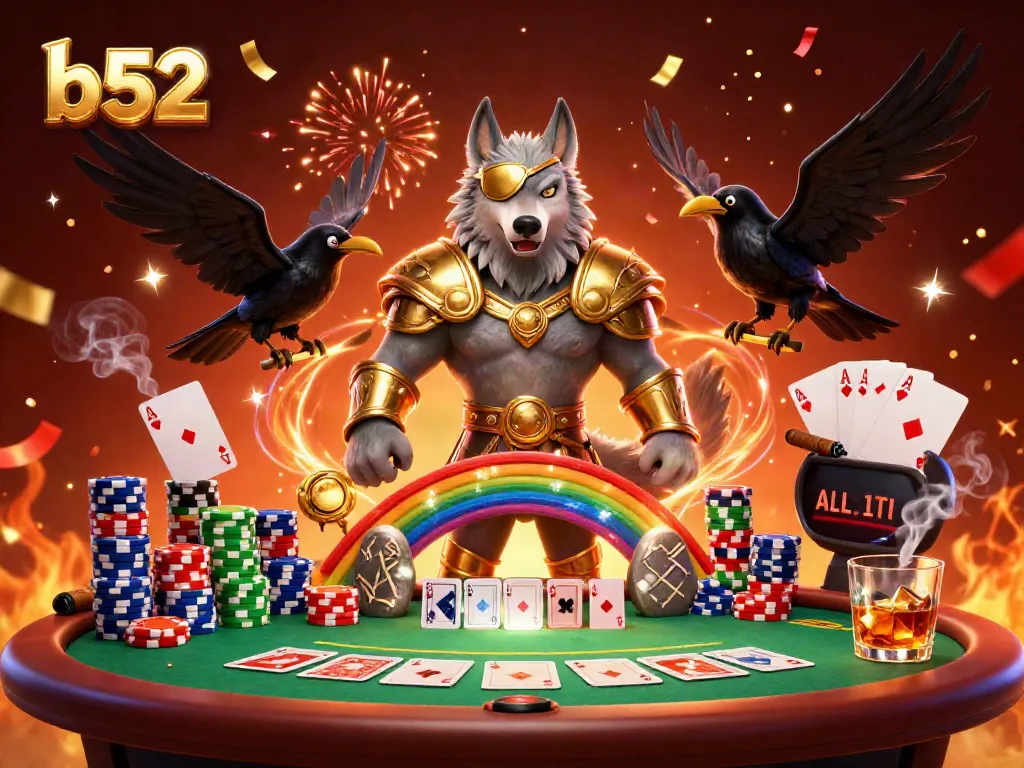Engage with b52-themed gaming ambiance: Odin wolf and ravens amid casino chips and poker table.
