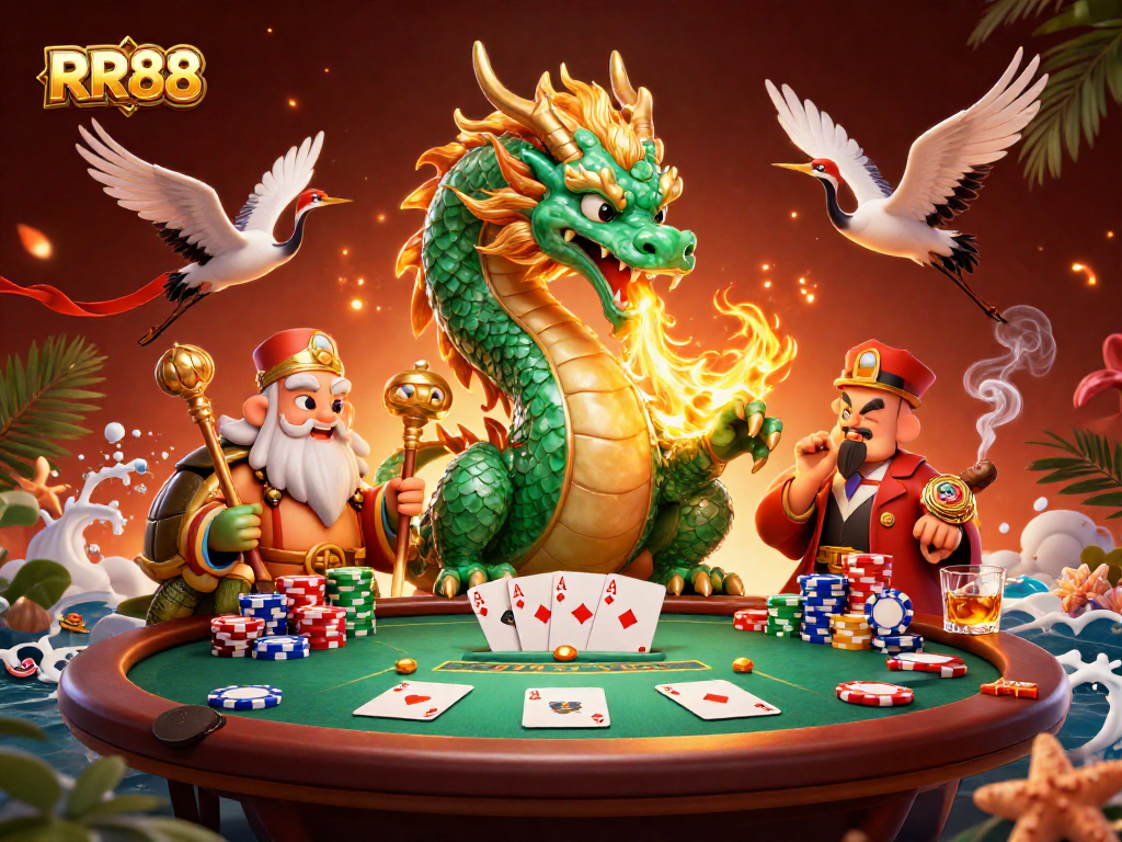 Experience the thrill of RR88 with a jade dragon and poker elements in a vibrant casino scene.