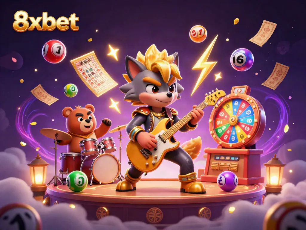 Engaging scene presenting the lively characters of 8xbet in a vibrant casino environment, full of action and energy.