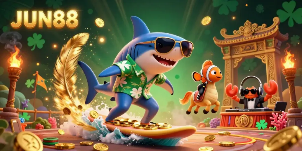 Experience JUN88 excitement with a vibrant 3D casino illustration showcasing the hammer-head shark, clownfish, and crab DJ in a rich, engaging environment.