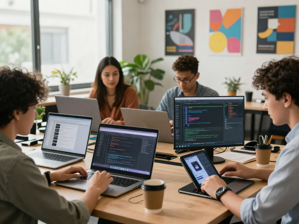 Team using ToDesk for seamless remote collaboration in a bright workspace