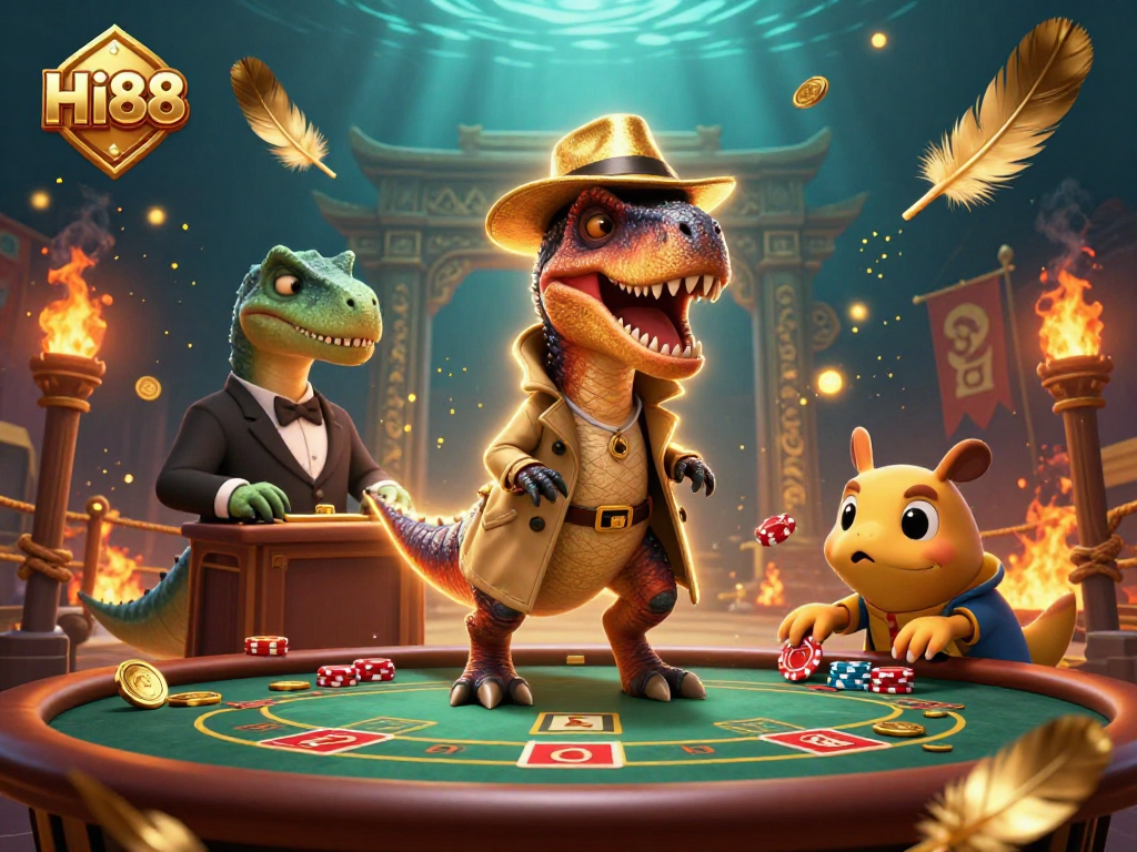 Hi88 offers a thrilling blackjack experience with a velociraptor card counter and a stegosaurus pit boss in a vibrant 3D scene.