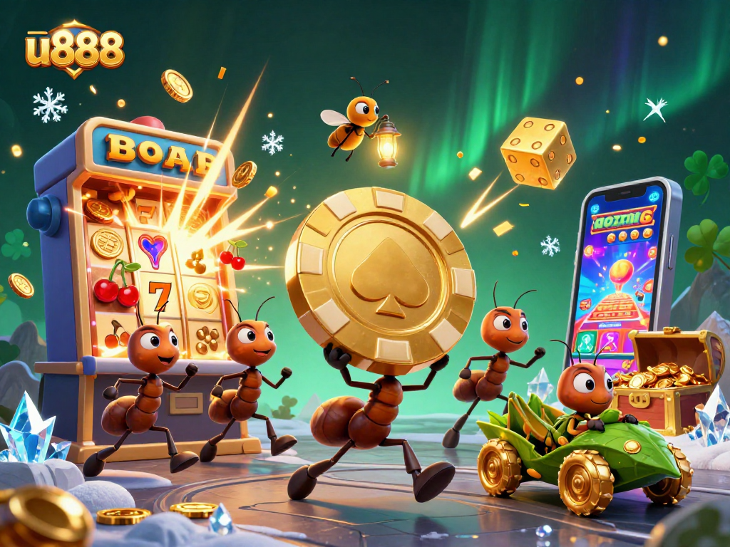 Experience thrilling gaming at u888 with cartoon ants heisting giant poker chips in a vibrant casino scene.