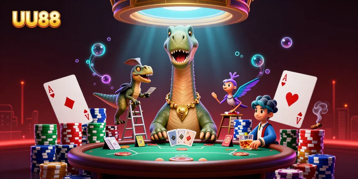 UU88 features a brontosaurus towering over a colorful poker scene, showcasing casino excitement.