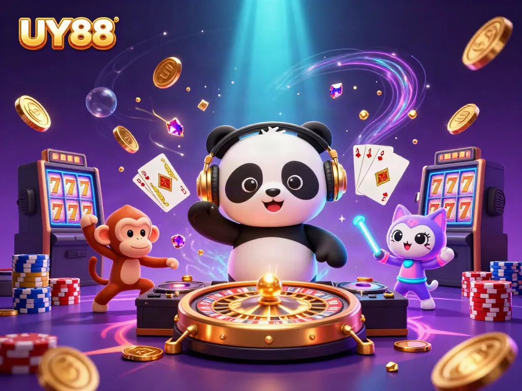 Experience the excitement of UY88 with vibrant characters in a dynamic casino scene.