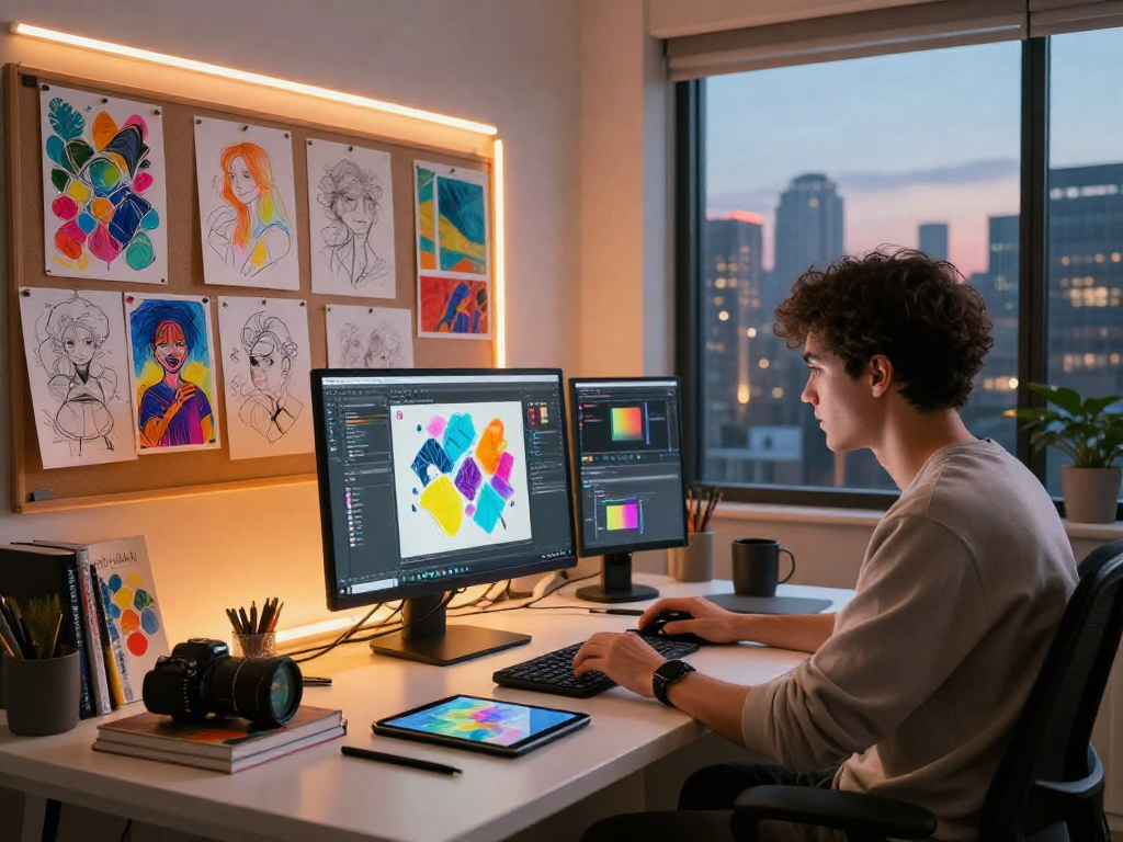 Digital artist creating an engaging nsfw ai project in a vibrant studio filled with sketches and colorful lighting.
