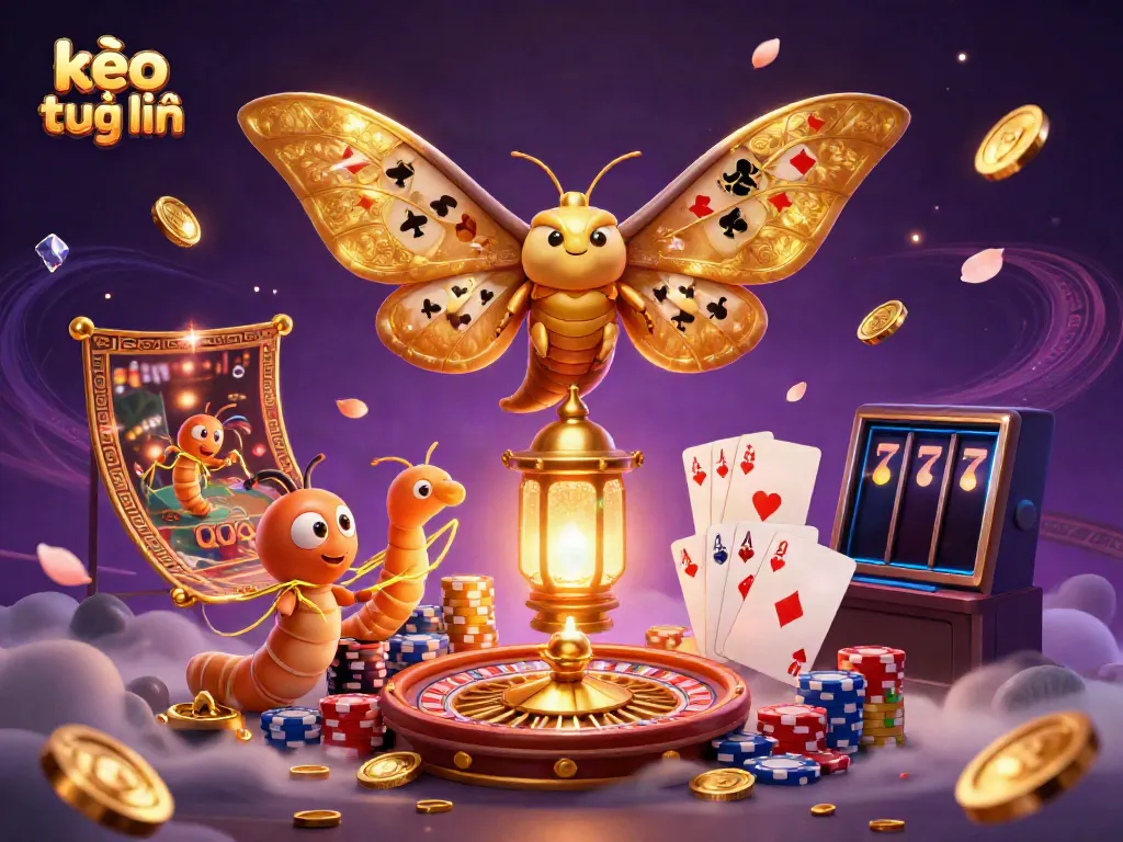 Engaging kèo trực tuyến scene featuring a majestic atlas moth with casino-themed elements.