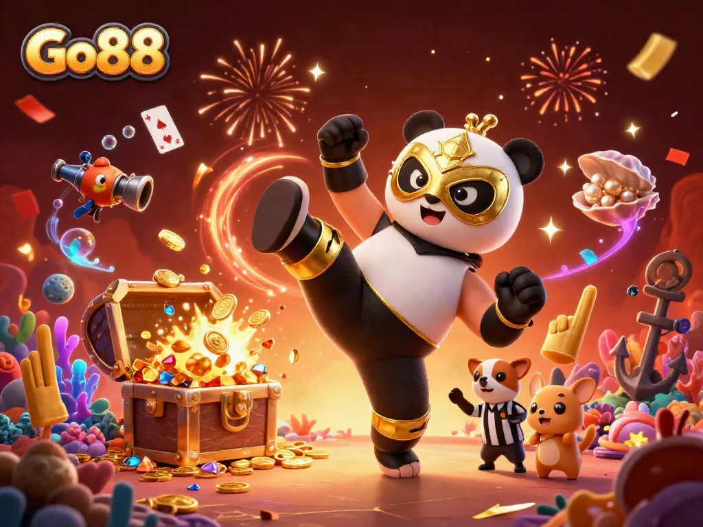 Experience the excitement at Go88 with our vibrant 3D illustration featuring a panda wrestler and cheerful animal spectators.