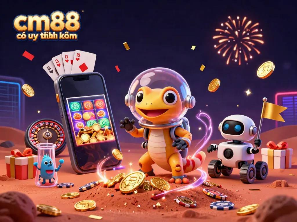 Engage with the vibrant scene showcasing cm88 có uy tín không, featuring a Martian gecko and a robot discovering a golden casino.