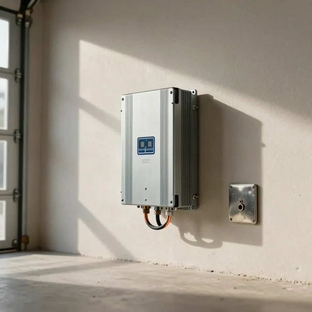 Brushed-metal inverter and tidy cabling on a garage wall with dust in sunbeam.