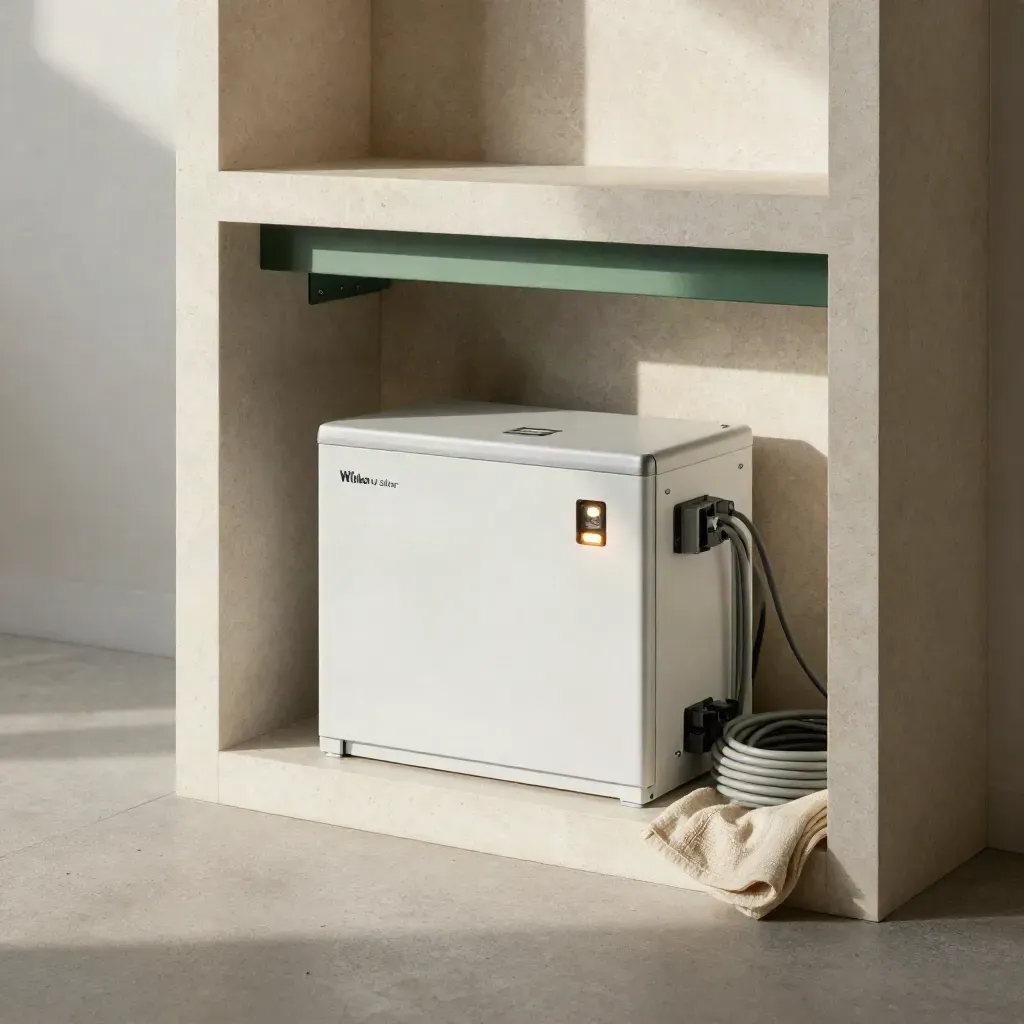 Compact home battery cabinet and inverter glowing softly in a travertine utility nook.