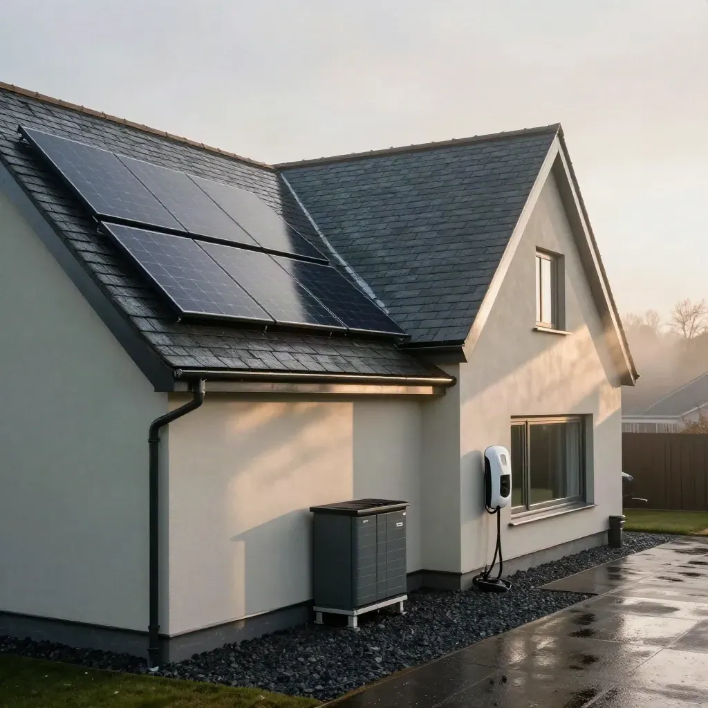 Slate roof with solar panels, battery cupboard and EV charger in first rain light