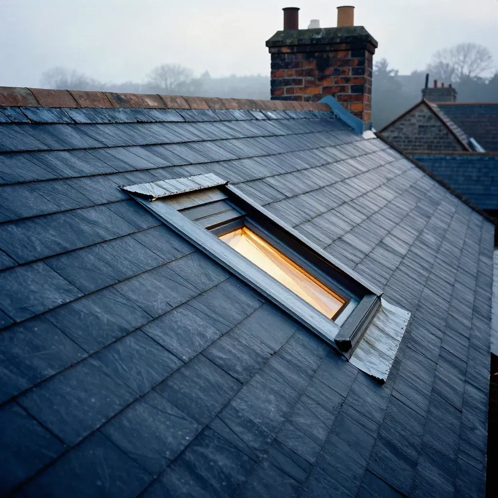 English slate roof with chimney shadows and an open loft hatch under cool early light
