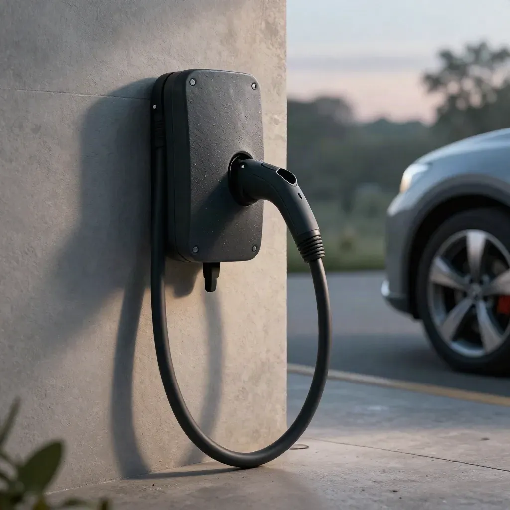 Close macro of a slate EV wallbox charger and tethered cable beside a driveway wall at dusk.