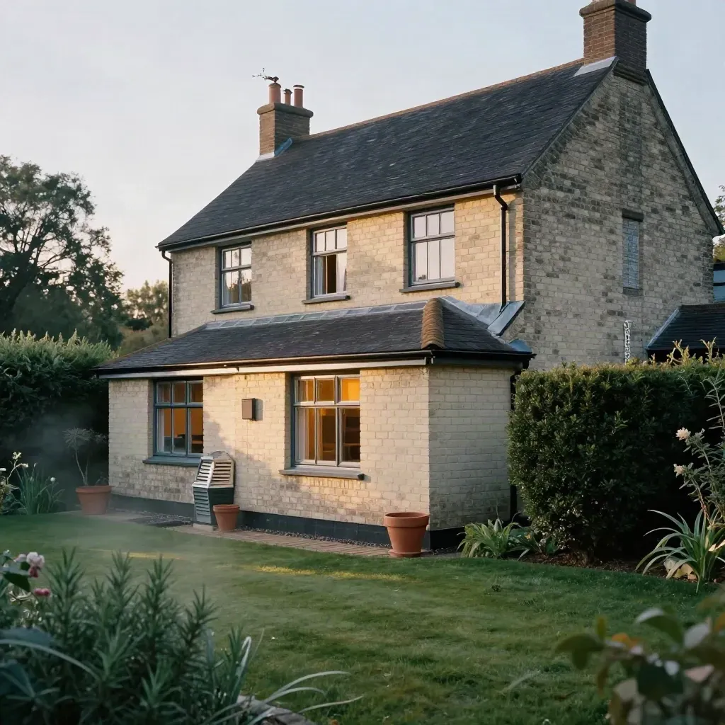 Kent semi with black solar panels, glowing windows and a battery cupboard in late summer light.