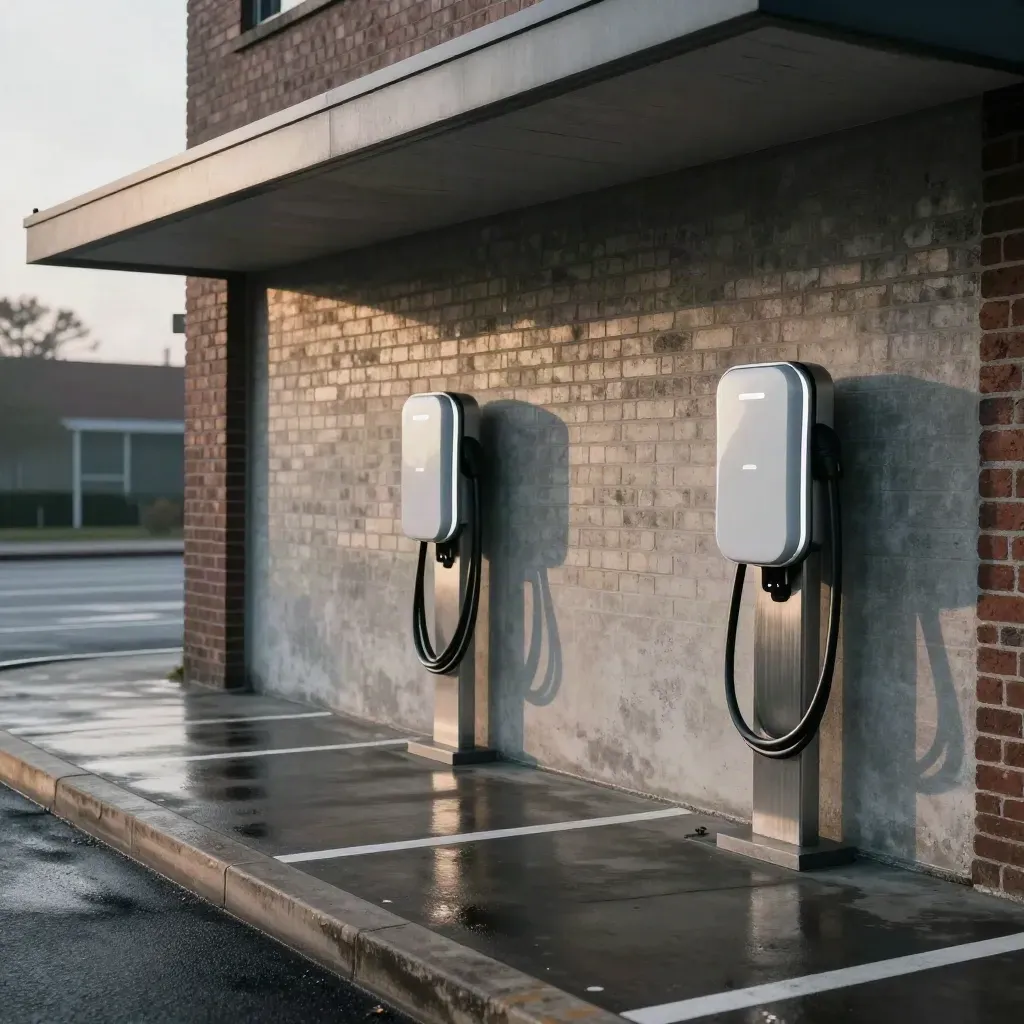 Two EV chargers under a canopy beside empty bays at dusk, with brick frontage and wet tarmac.
