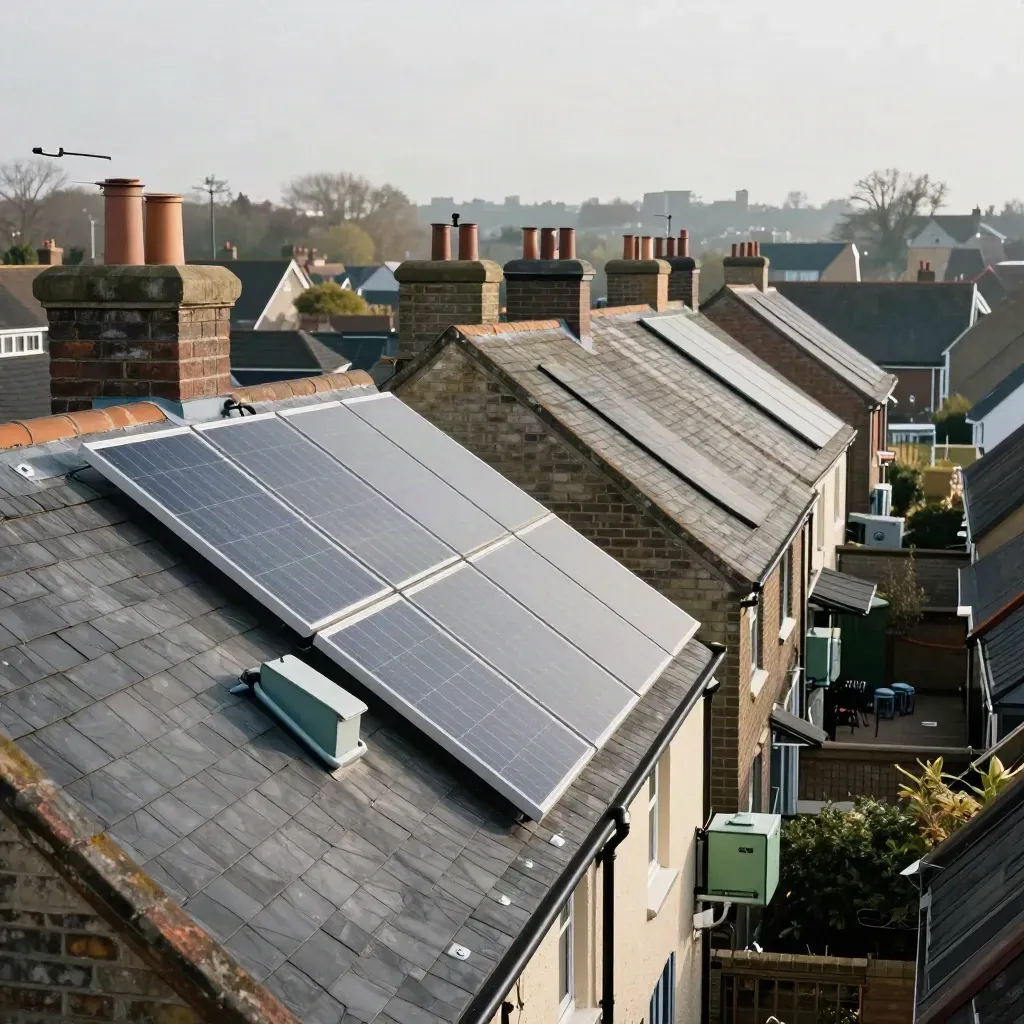 Five solar-equipped Essex rooftops lined in a diagonal under a hazy calm sky