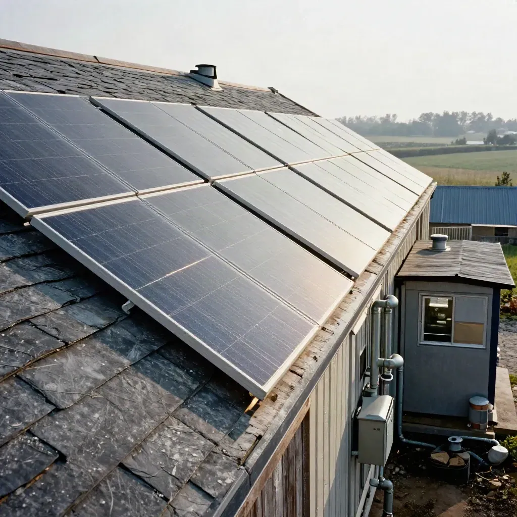 Barn roof solar panels above a farm pump shed and office annex in bright midday haze.
