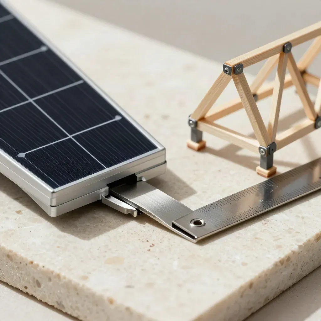Macro still life of solar roof design tools on travertine: panel corner, truss model and spacing gauge.