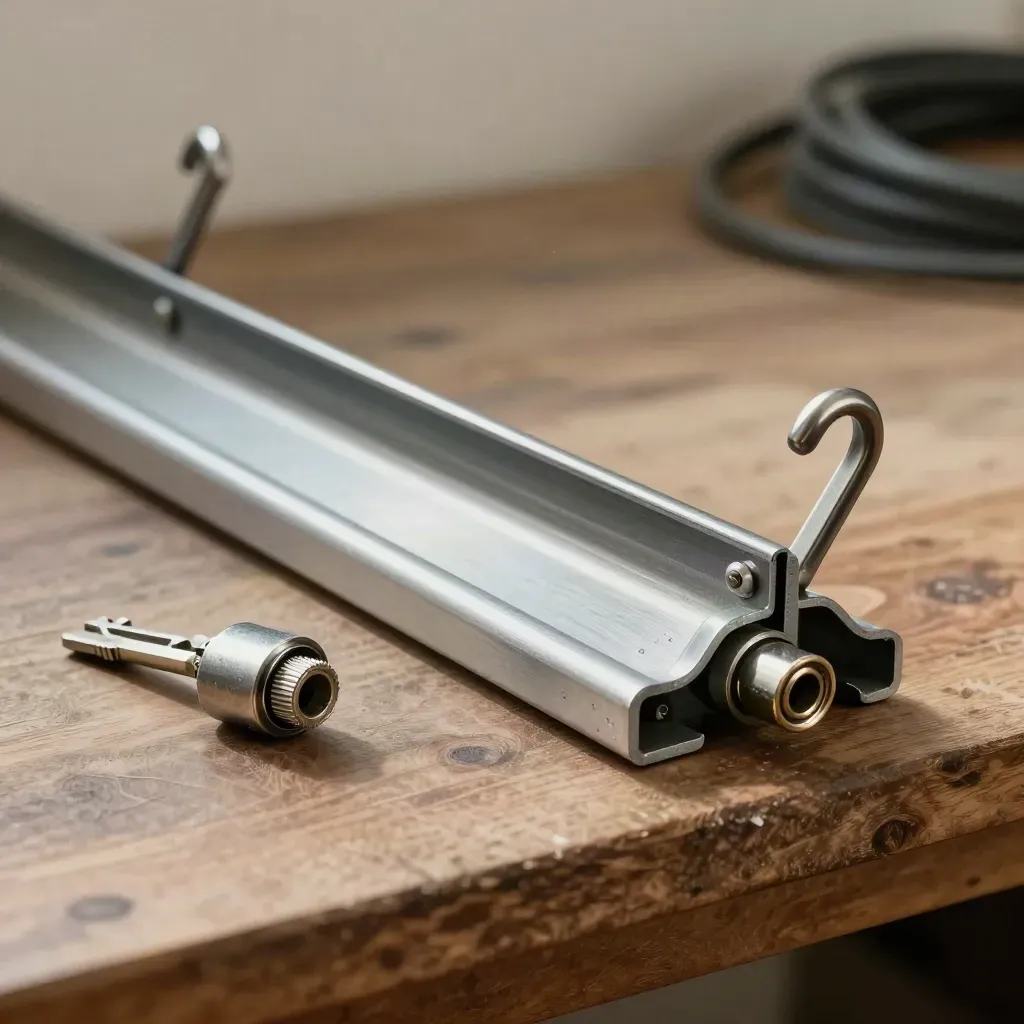 Solar install kit on a scratched aluminium tray with roof hooks, clamps, Torx bits and a sealed connector pair.