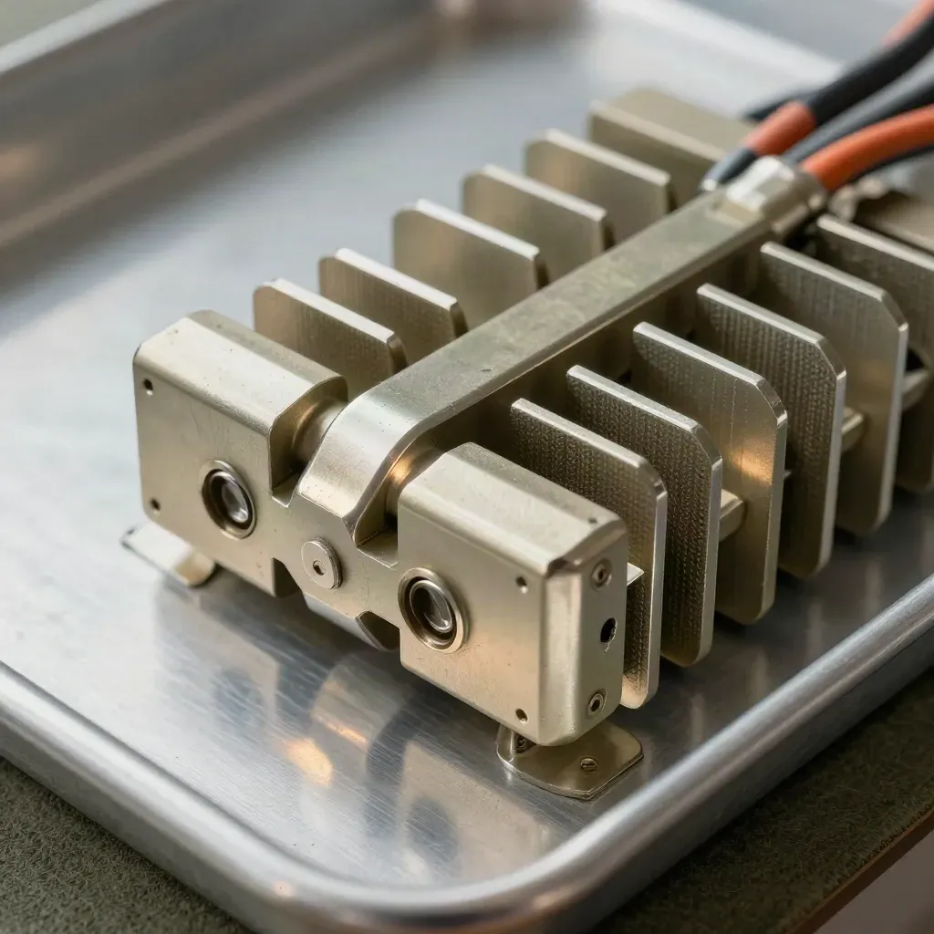 Extreme macro of battery fins, insulated busbar and cable sleeve textures on a metal tray.