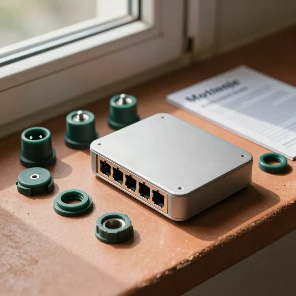 Top-down service kit with test plugs, grommets, connector caps and a sealed network gateway on terracotta.